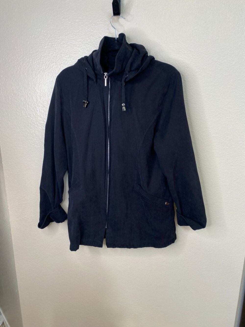 London Fog Womens Hooded Zip-Up Jacket Petite S Black Polyester Blend Casual